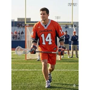 Brine Cavaliers Lacrosse Jersey Mens Large Orange Navy Blue Number 14 Mesh Shirt